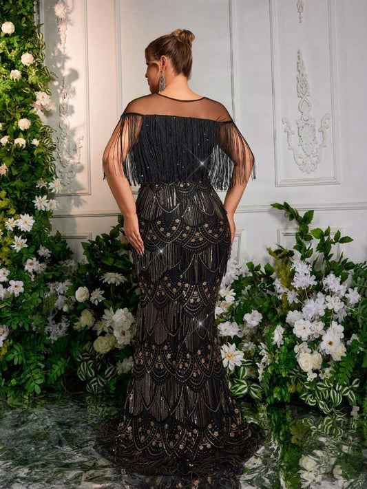002 | Black Beaded Fringe Mermaid Gown | Size 1XL