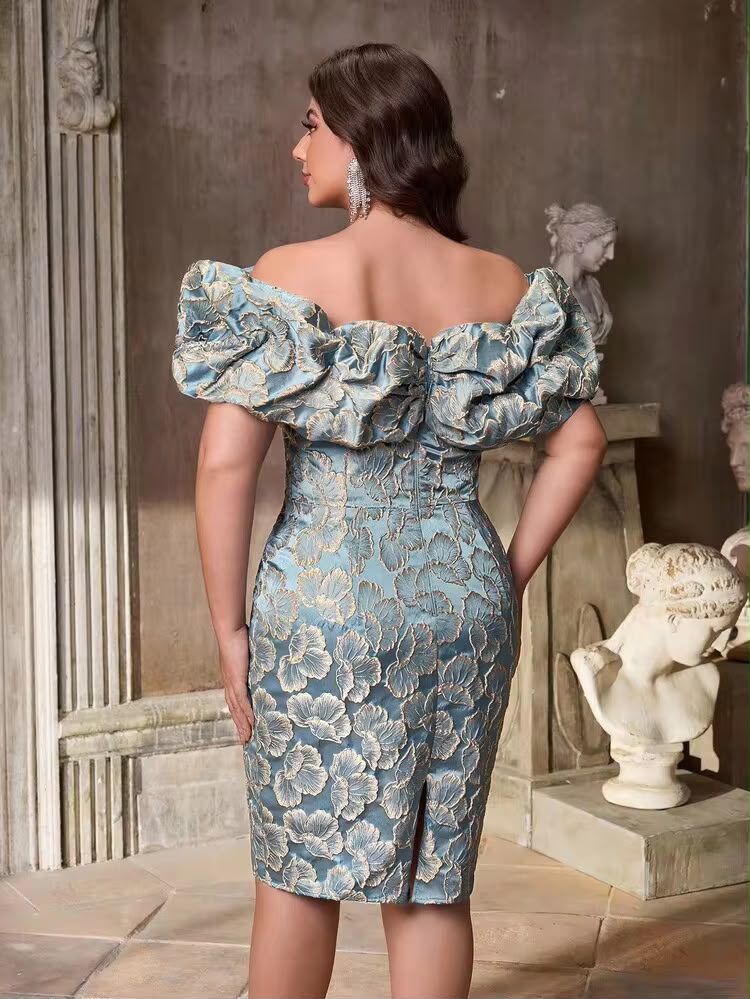 014 | Blue & Gold Floral Brocade Off-Shoulder Midi Dress | Size XL