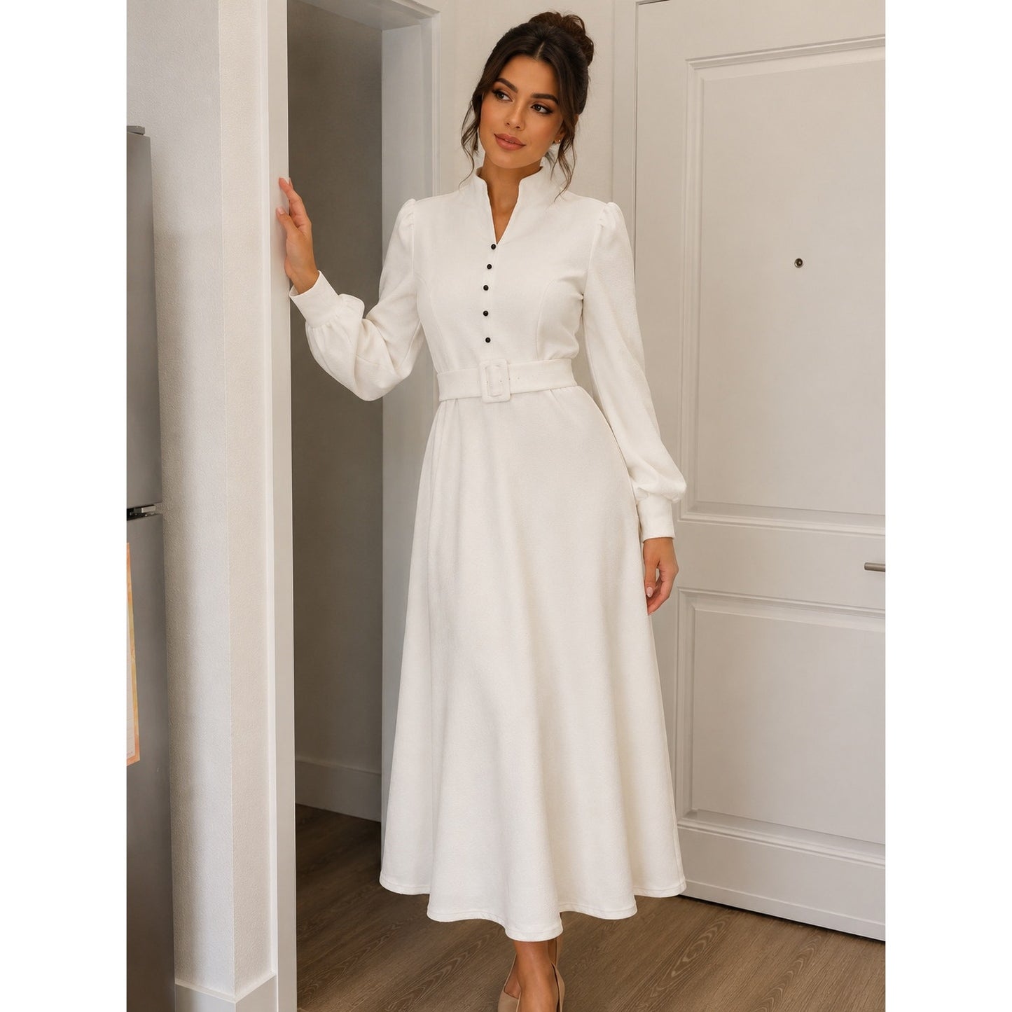 115 | Ivory Belted Button Front Maxi Dress