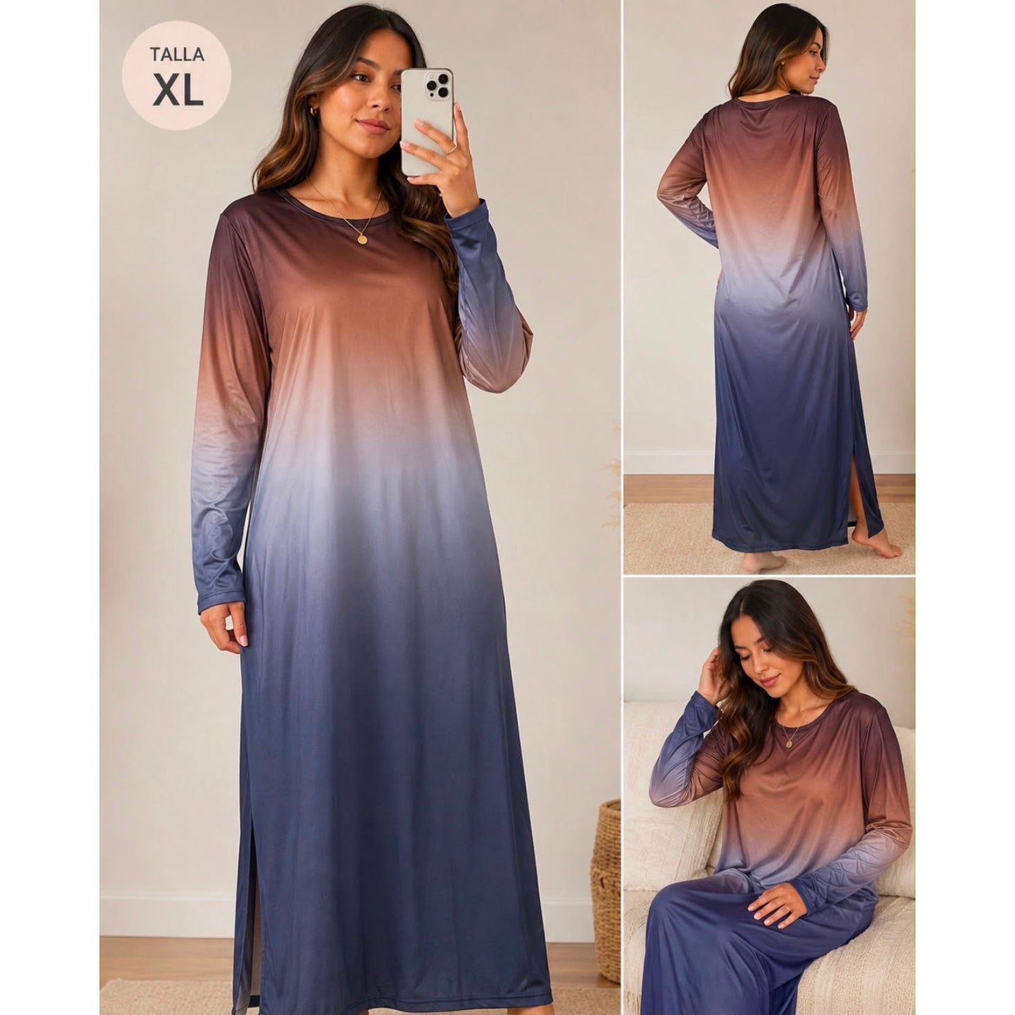 054 | Long Sleeve Ombre Maxi Dress in Brown and Blue | Size XL