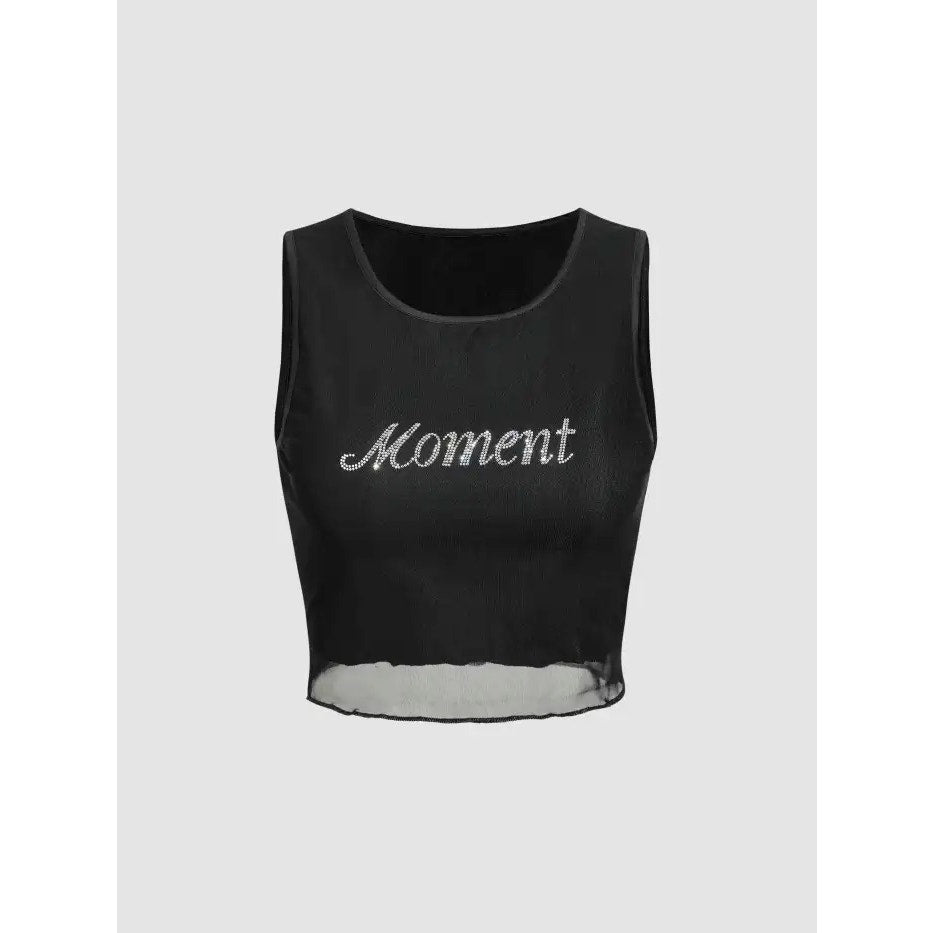 083 | Moment Rhinestone Lettuce Trim Tank Top | Size 2XS