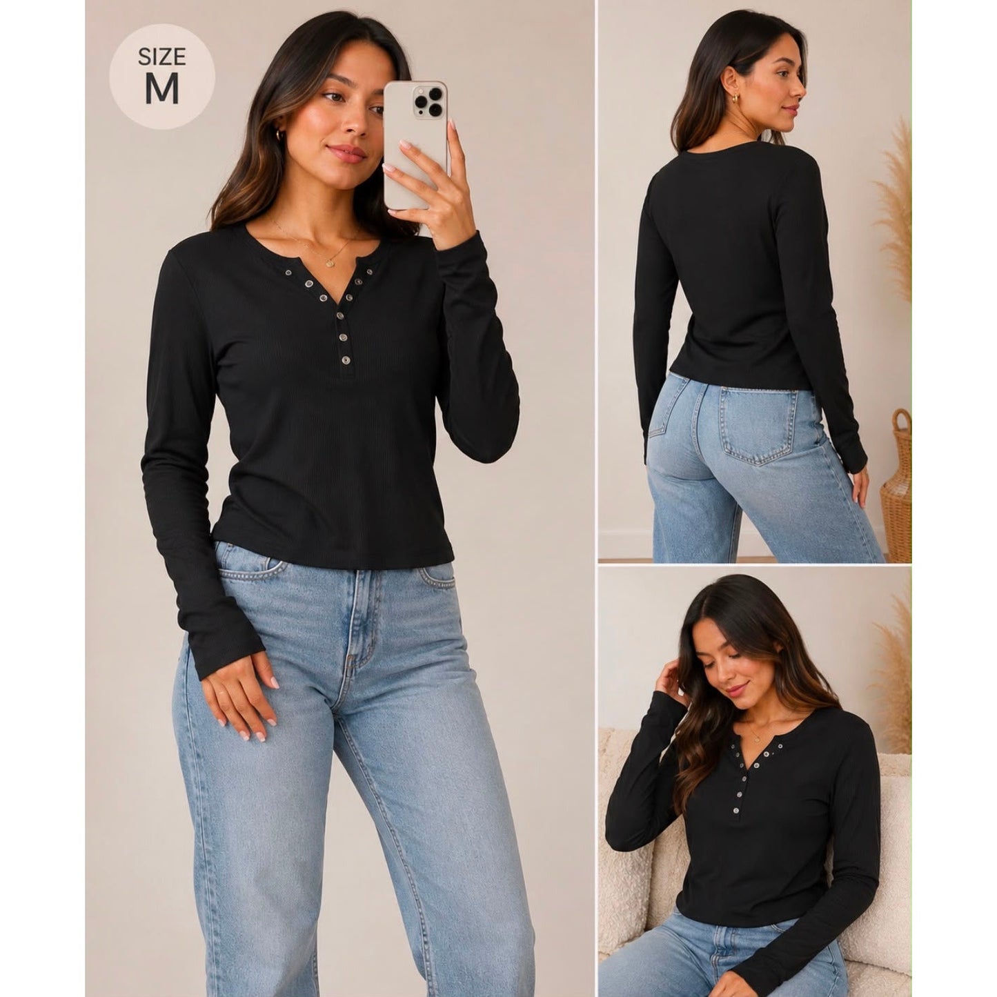 053 | Amara Long-Sleeve Ribbed Henley | Size M