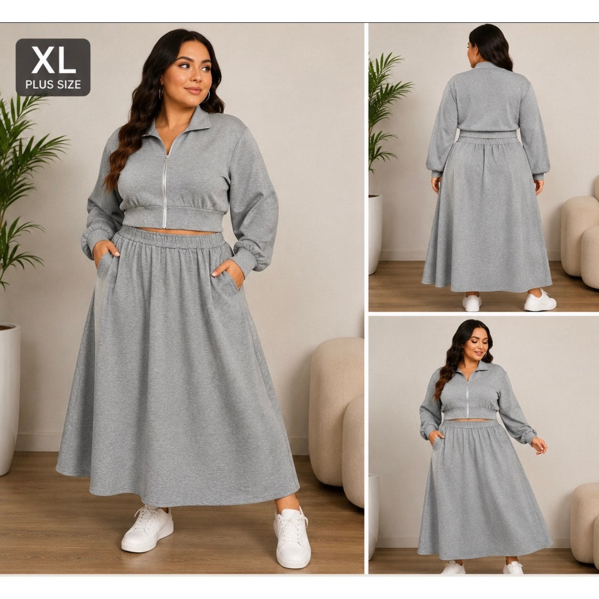 072 | Heather Gray Cropped Zip-Up Sweatshirt & Midi Skirt Set | Size XL