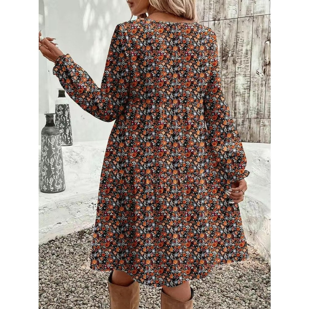 034 | Long-Sleeve Floral Midi Dress | Size XL
