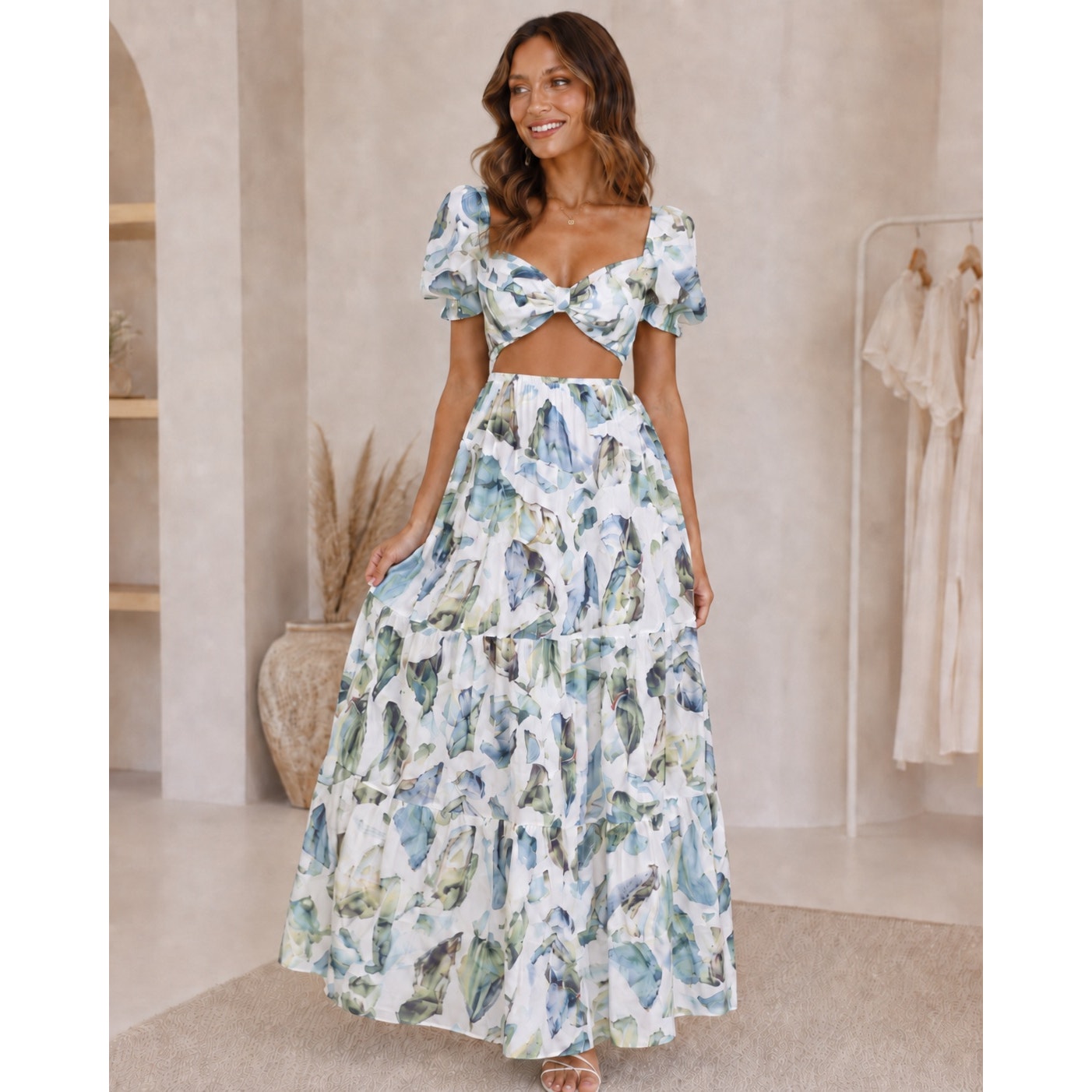 093 | Watercolor Leaf Cutout Maxi Dress | Size XL