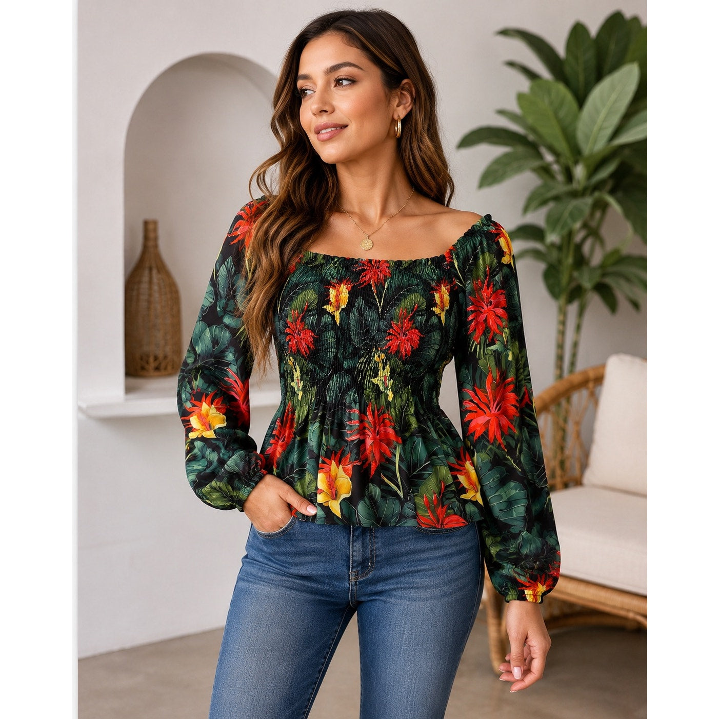 091 | Tropical Floral Smocked Peplum Blouse | Size M
