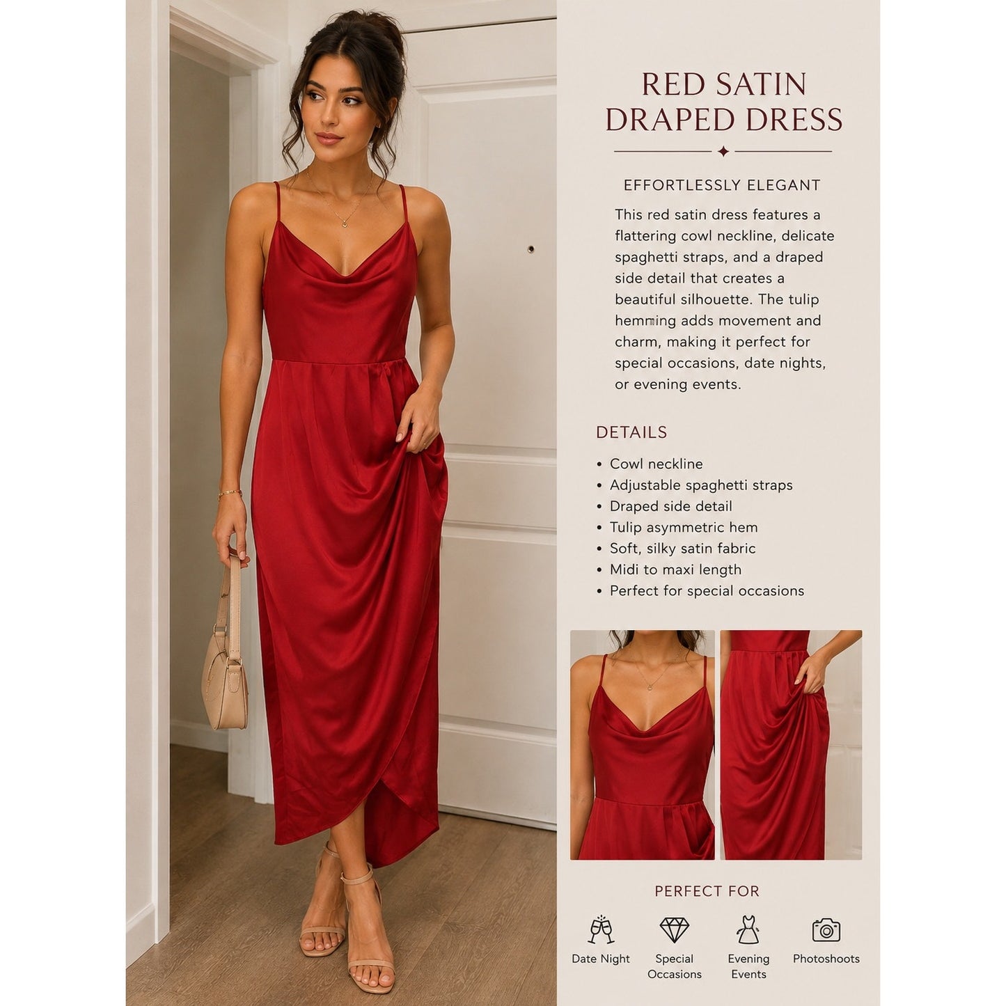 117 | Red Satin Draped Cowl Neck Maxi Dress | Size 4XL