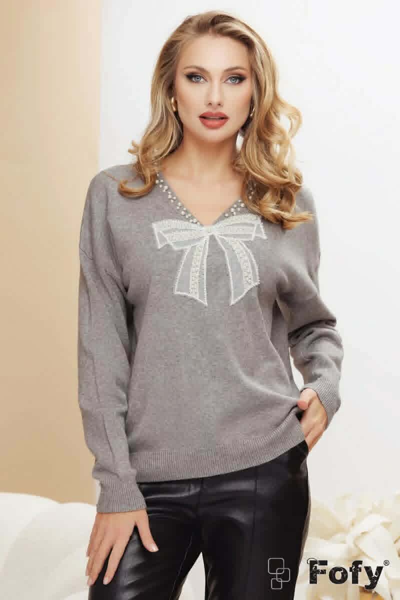 001 - Sueter de Mujer Con Cuello en V, Detalle de Perla y Lazo, Manga Larga, Tejido
