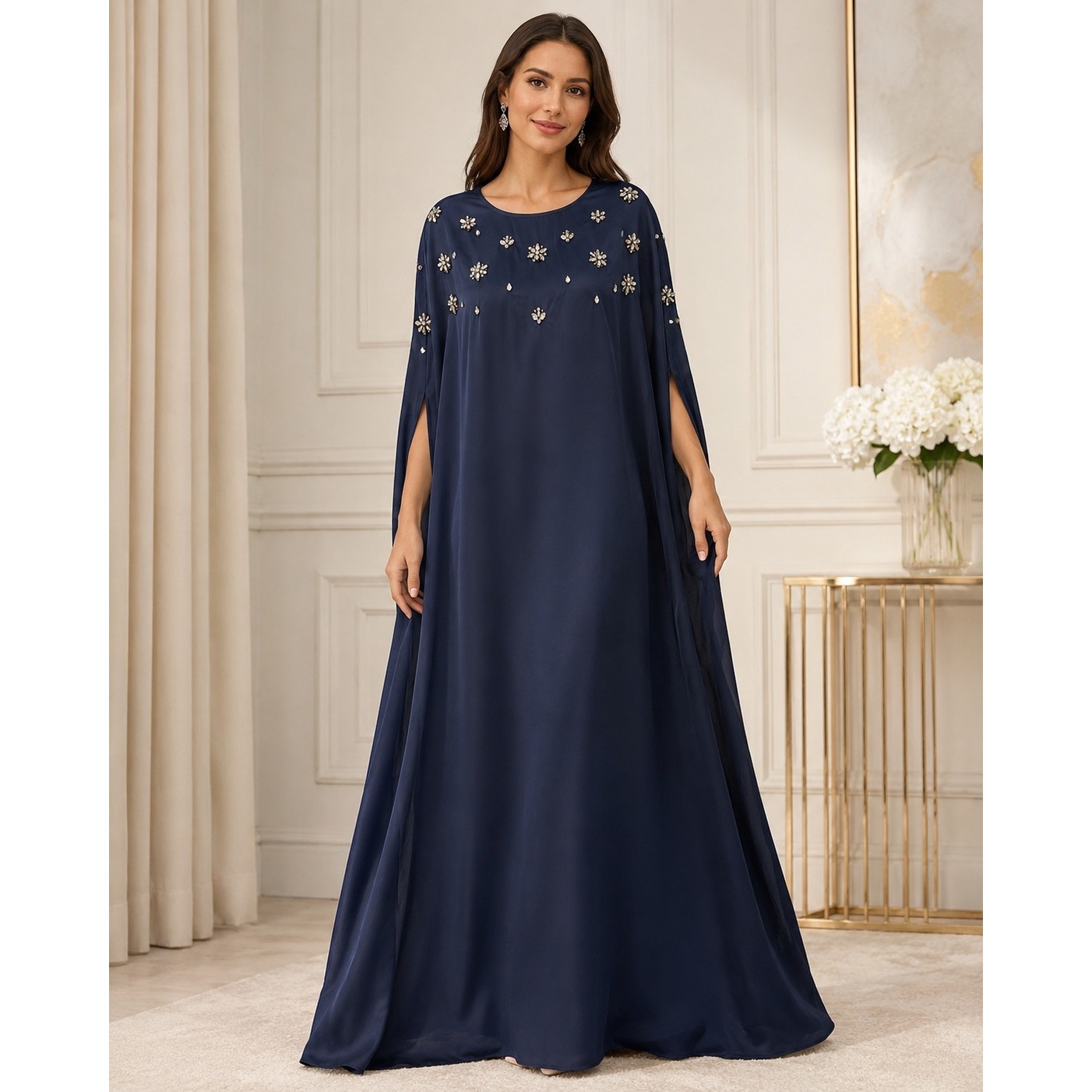 113 | Navy Embellished Cape Maxi Dress