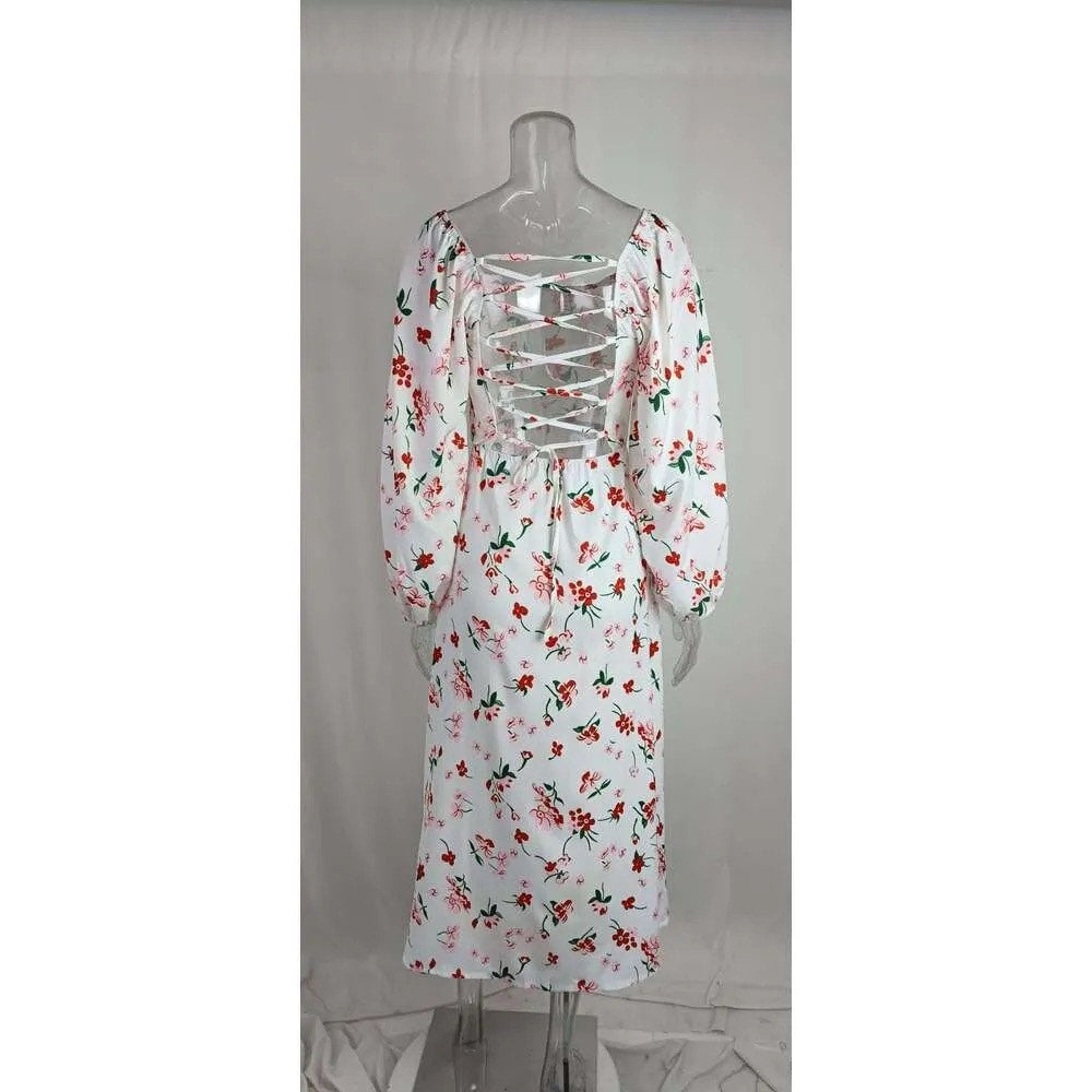 097 | Floral Square-Neck Puff Sleeve Midi Dress | Size M