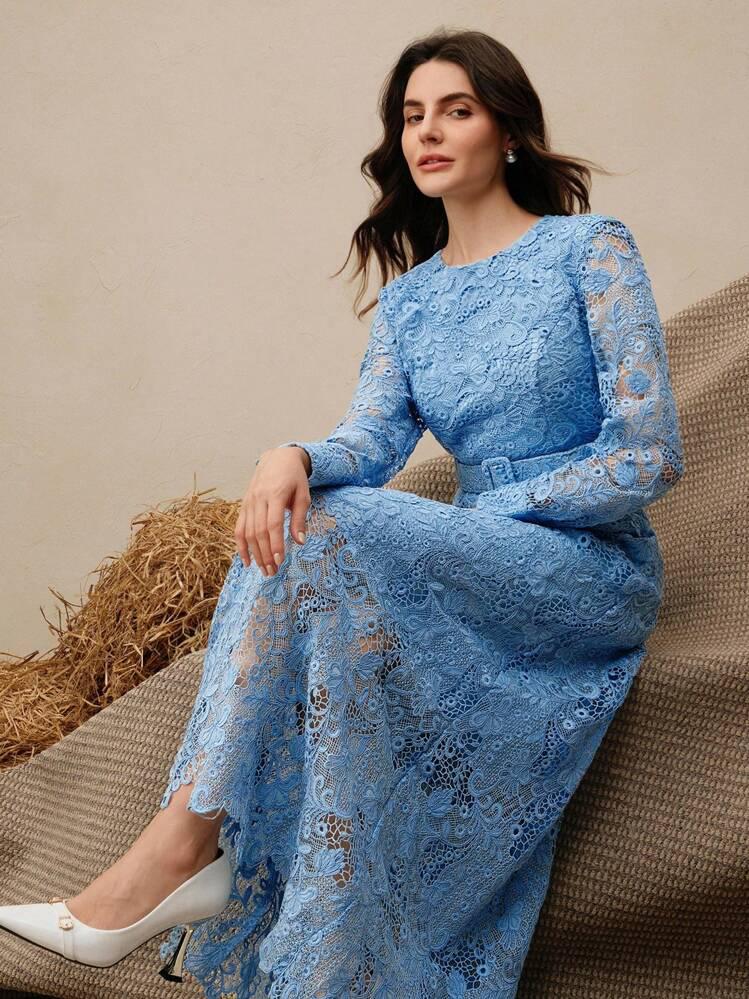001 | Sky Blue Floral Lace Midi Dress | Size XL