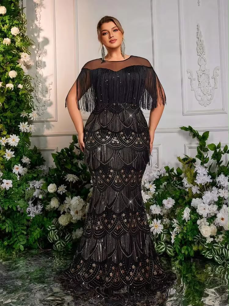 002 | Black Beaded Fringe Mermaid Gown | Size 1XL