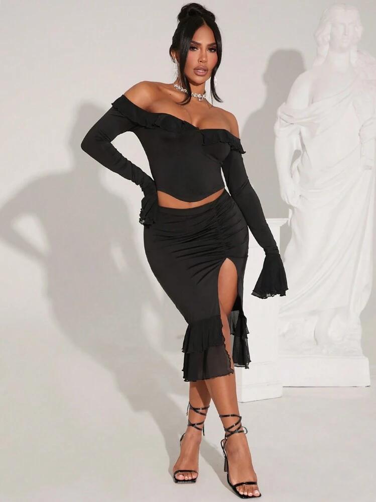 004 | Black Off-Shoulder Ruffle Two-Piece Skirt Set | Size 2XL
