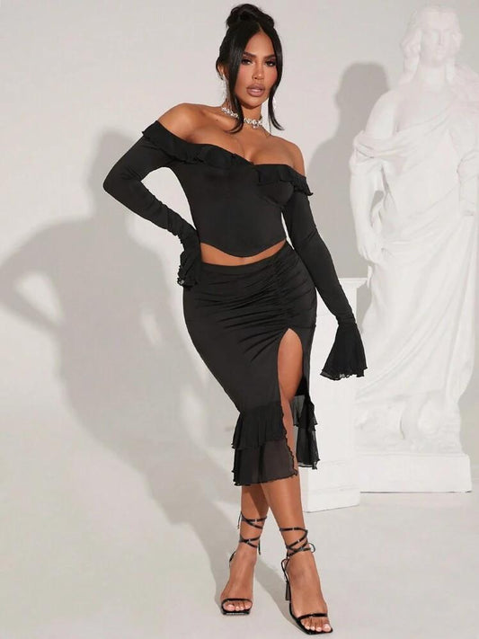004 | Black Off-Shoulder Ruffle Two-Piece Skirt Set | Size 2XL