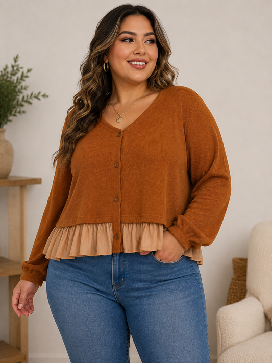 019 | Rust Button-Front Ruffle Hem Blouse | Tagged Size 3XL (Fits More Like 2XL)