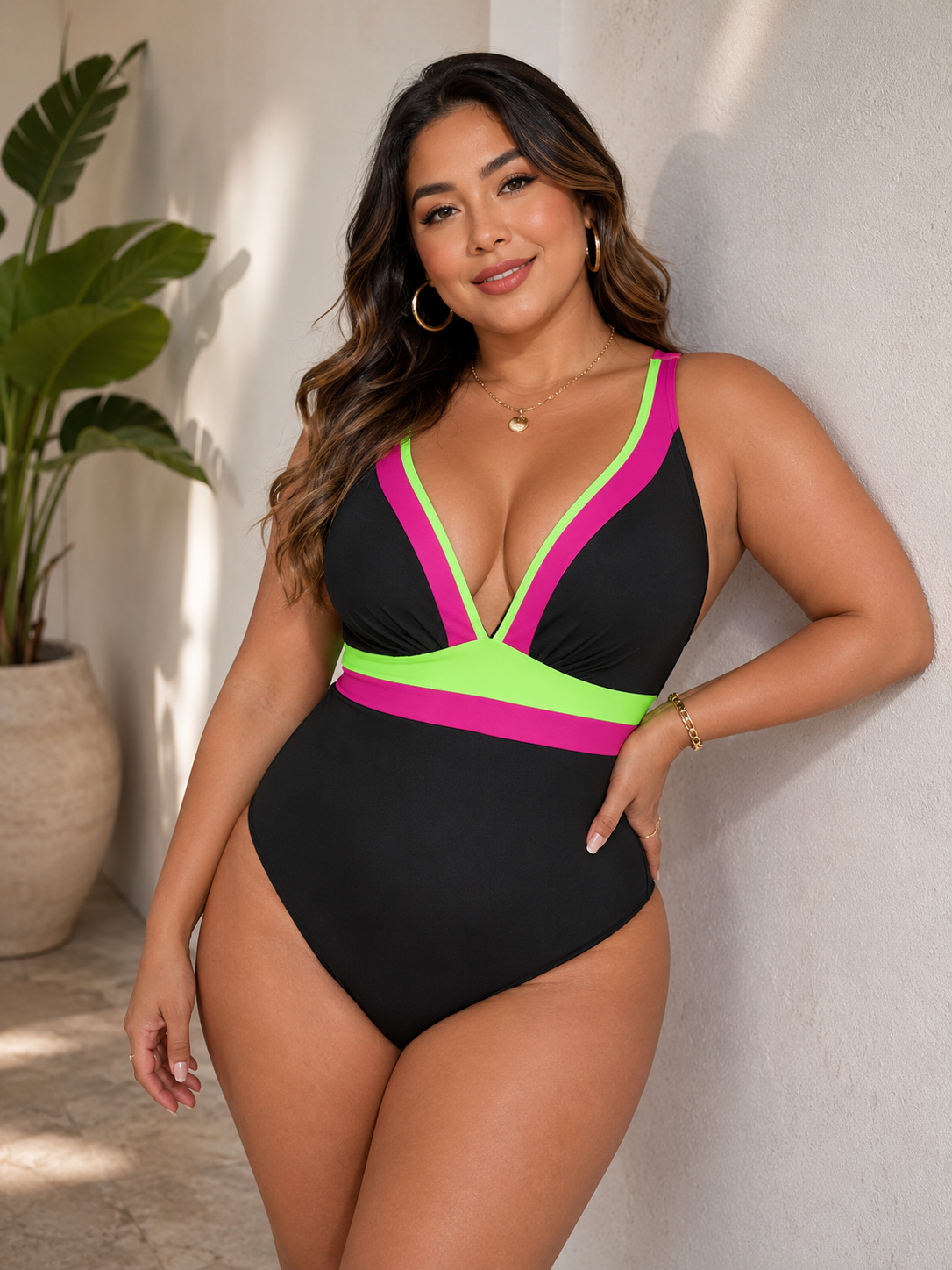 022 | Black Colorblock Plunge One-Piece Swimsuit | Size 3XL