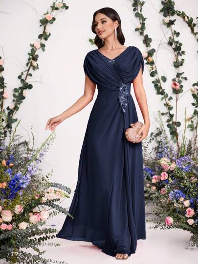 024 | Elegant Navy Chiffon Evening Gown | Fits Like 1XL (Tagged 3XL)
