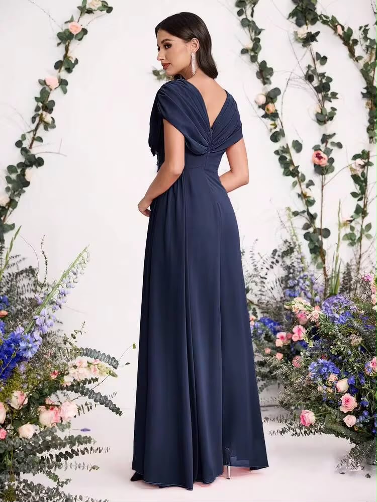 024 | Elegant Navy Chiffon Evening Gown | Fits Like 1XL (Tagged 3XL)