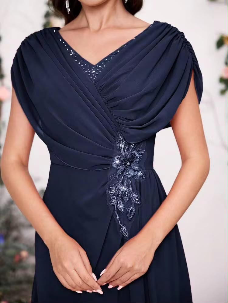 024 | Elegant Navy Chiffon Evening Gown | Fits Like 1XL (Tagged 3XL)