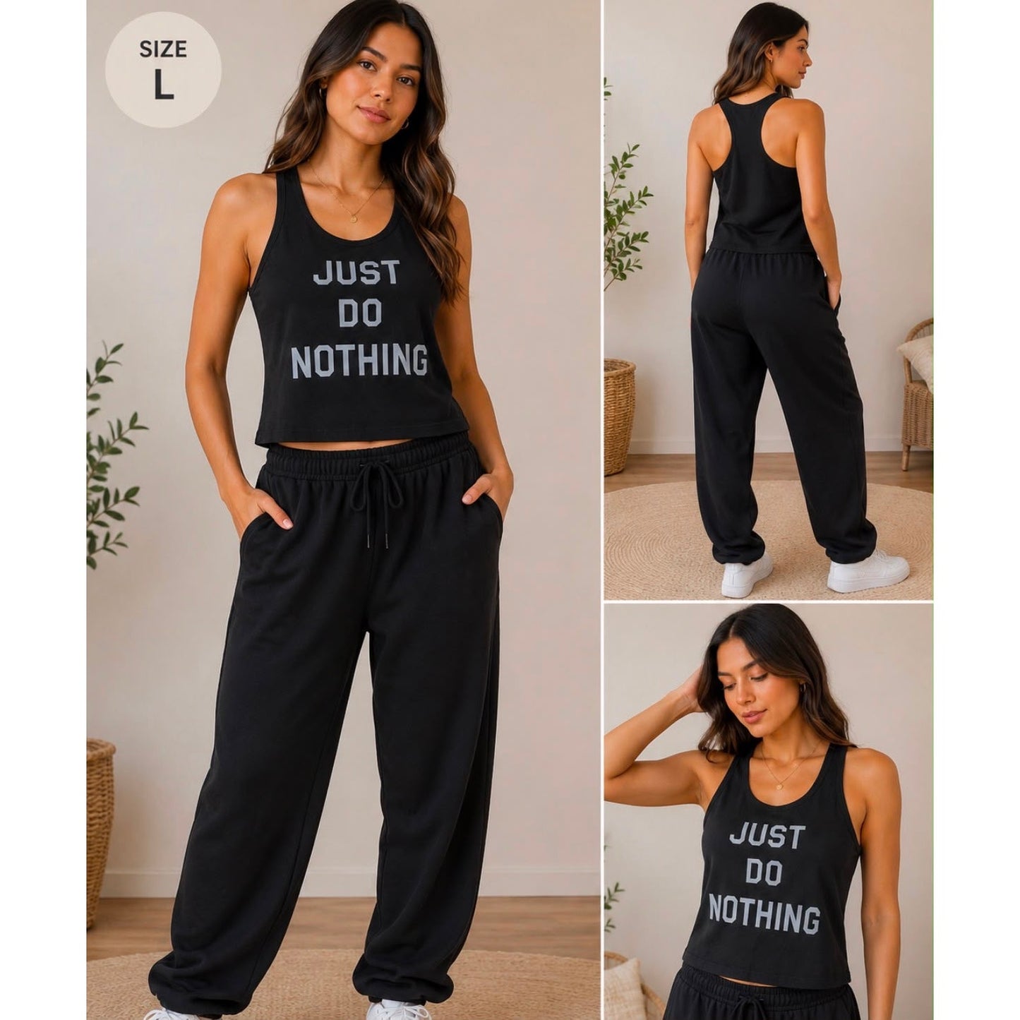 058 | Just Do Nothing Graphic Racerback Tank Top – Black | Size L