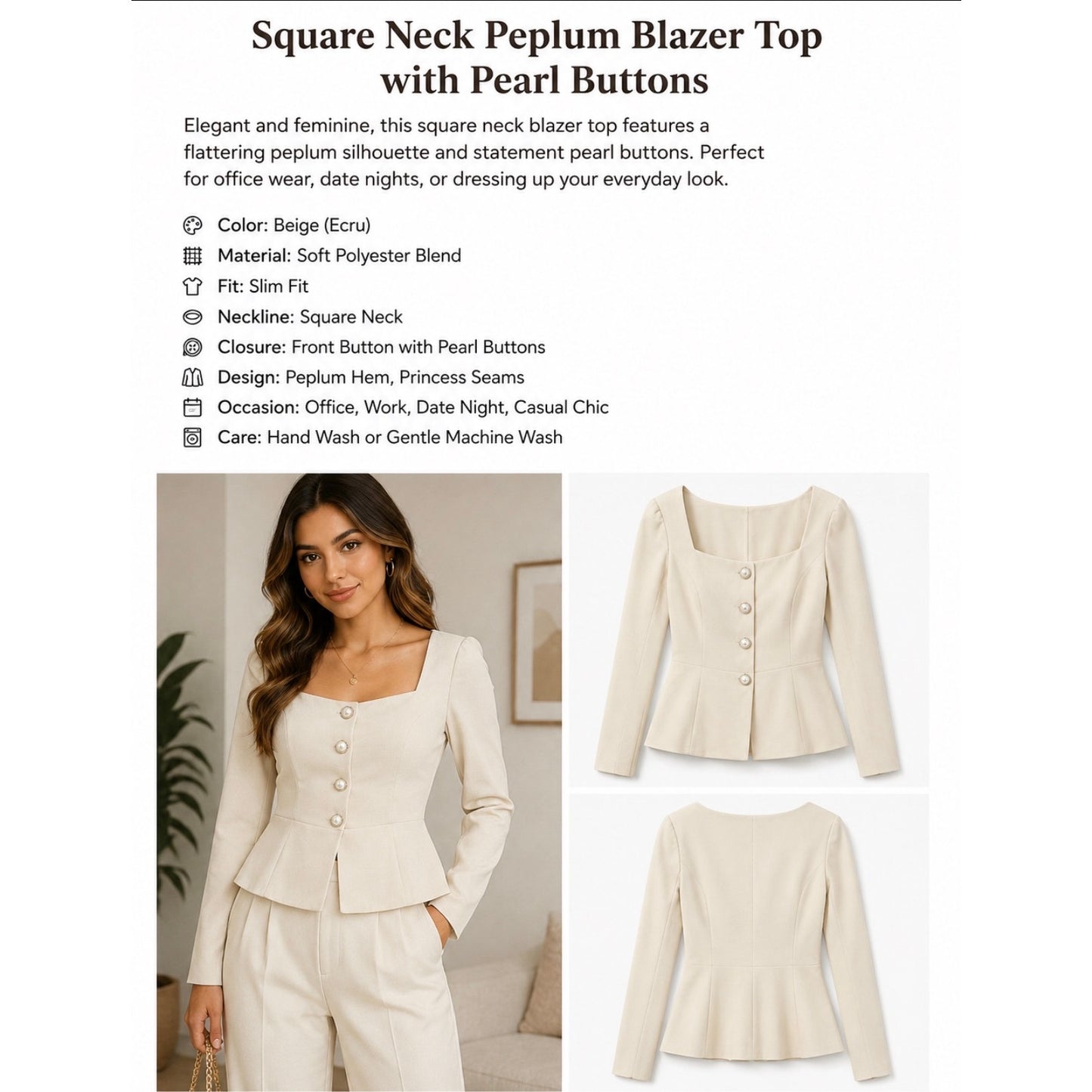 105 | Square Neck Peplum Blazer Top with Pearl Buttons
