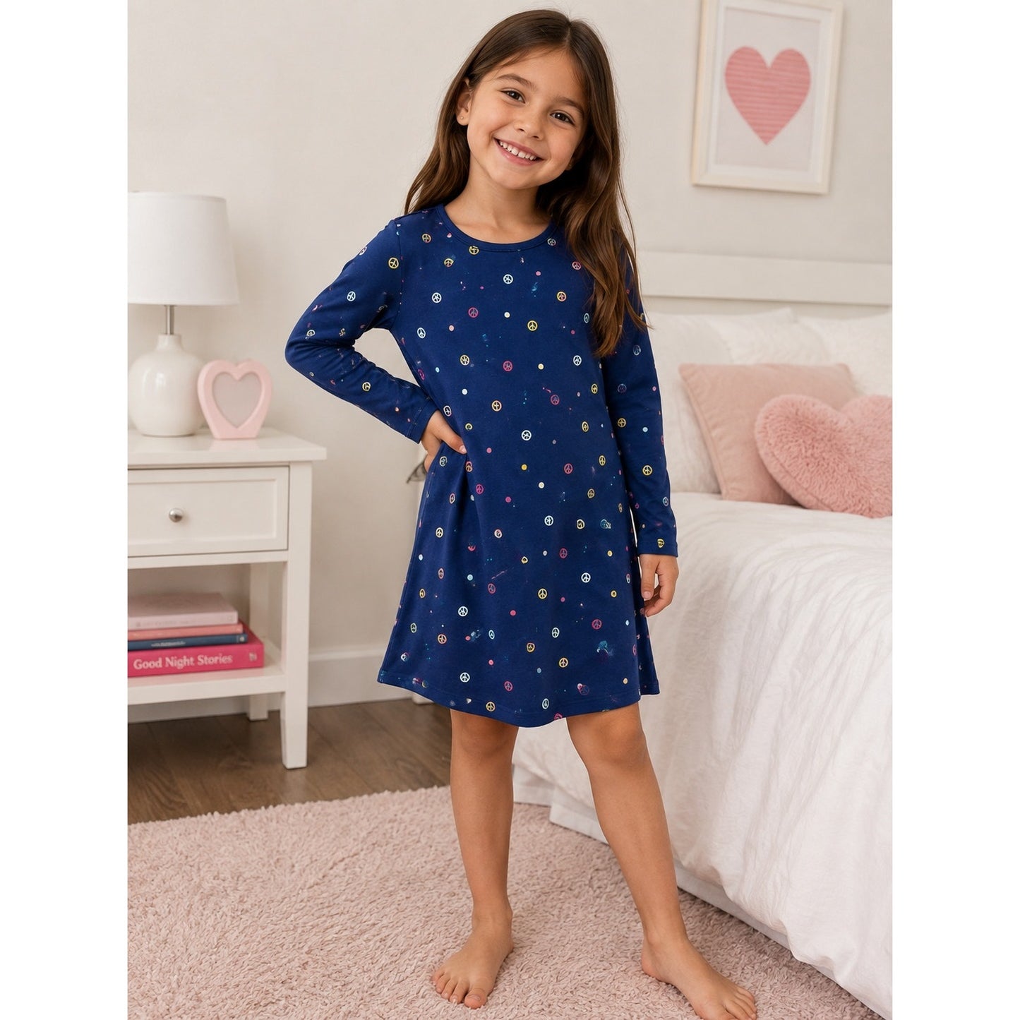 081 | Girls’ Peace Sign Print Long Sleeve Dress – Size 10/12
