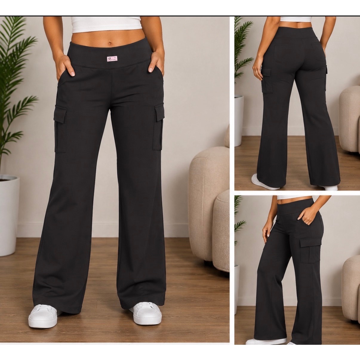 077 | Women’s High-Waisted Wide Leg Cargo Pants – Black | Size 3XL