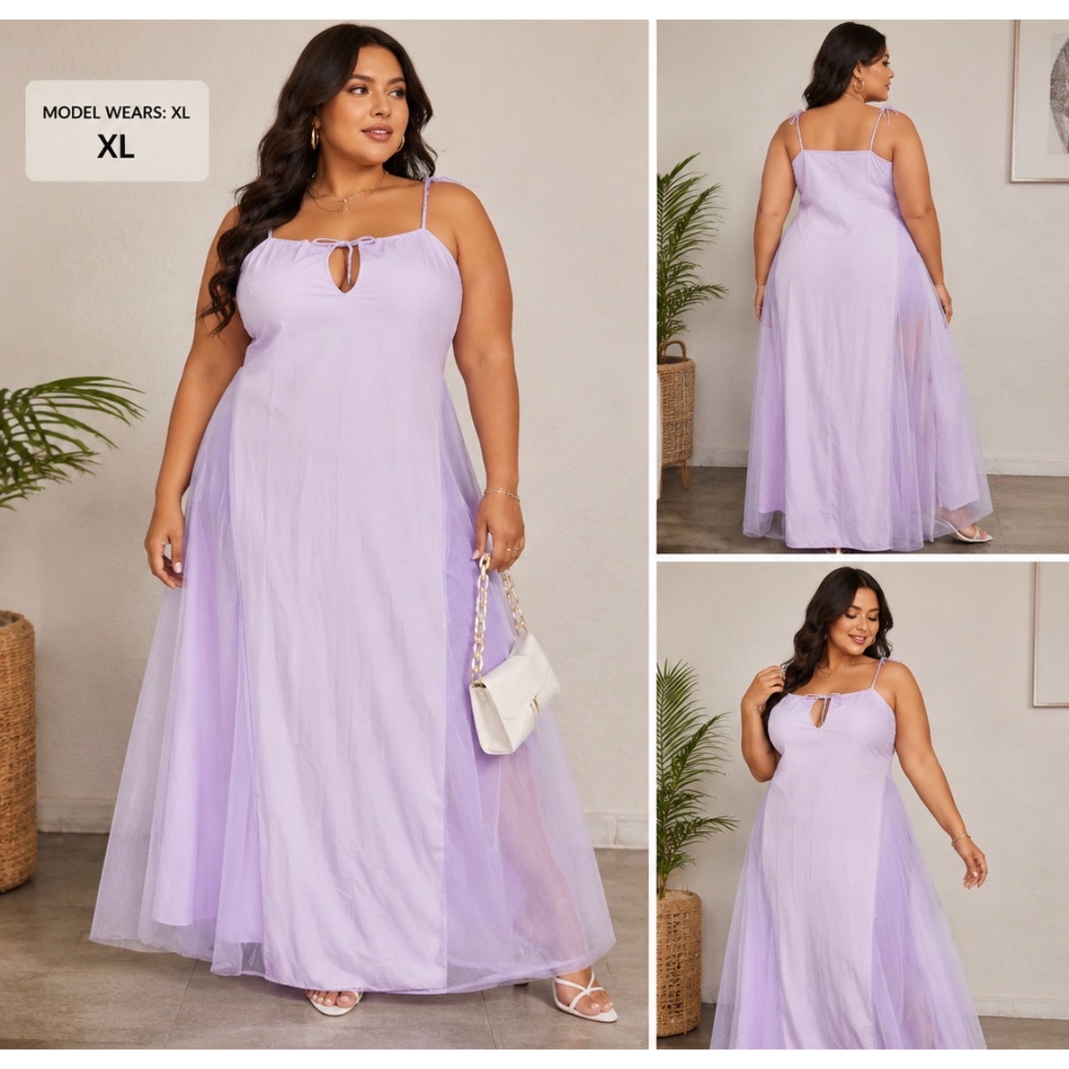 066 | SHEIN Plus Tie Shoulder Keyhole Maxi Dress – Light Purple | Size XL