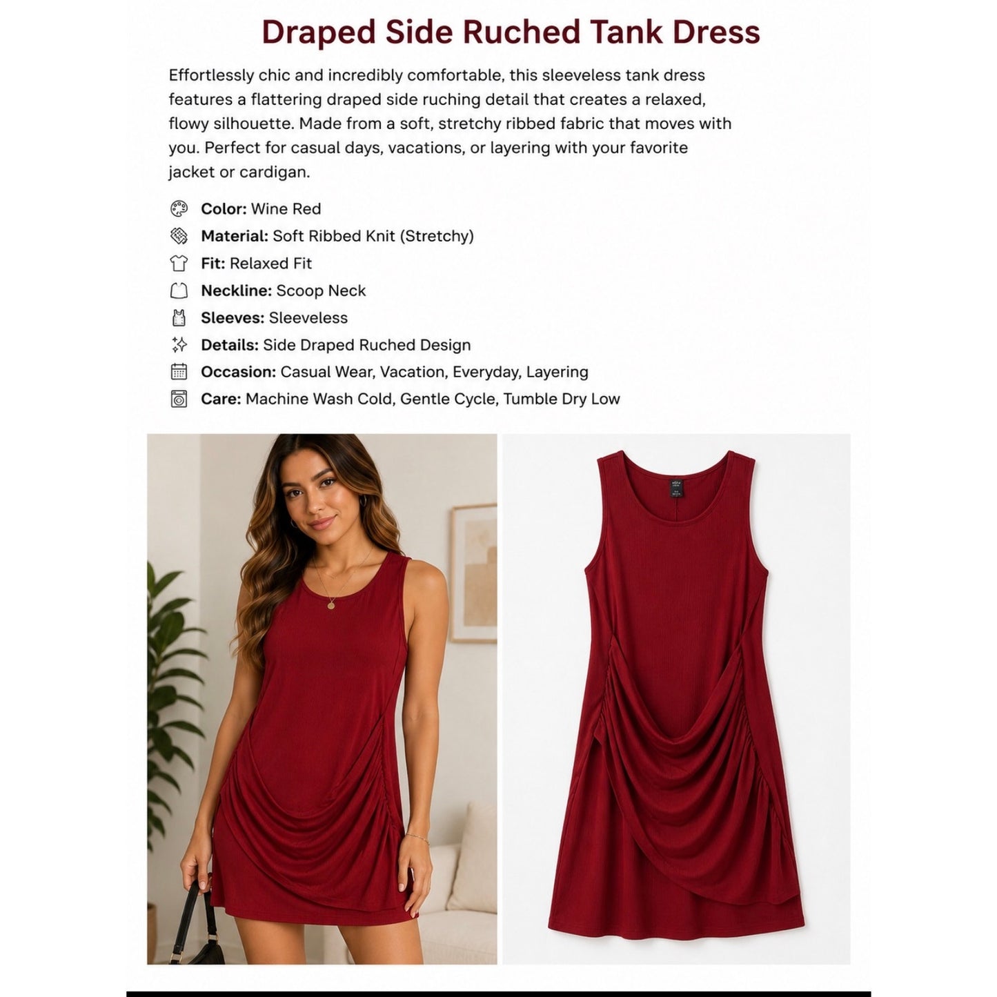 102 | Wine Red Draped Ruched Tank Dress