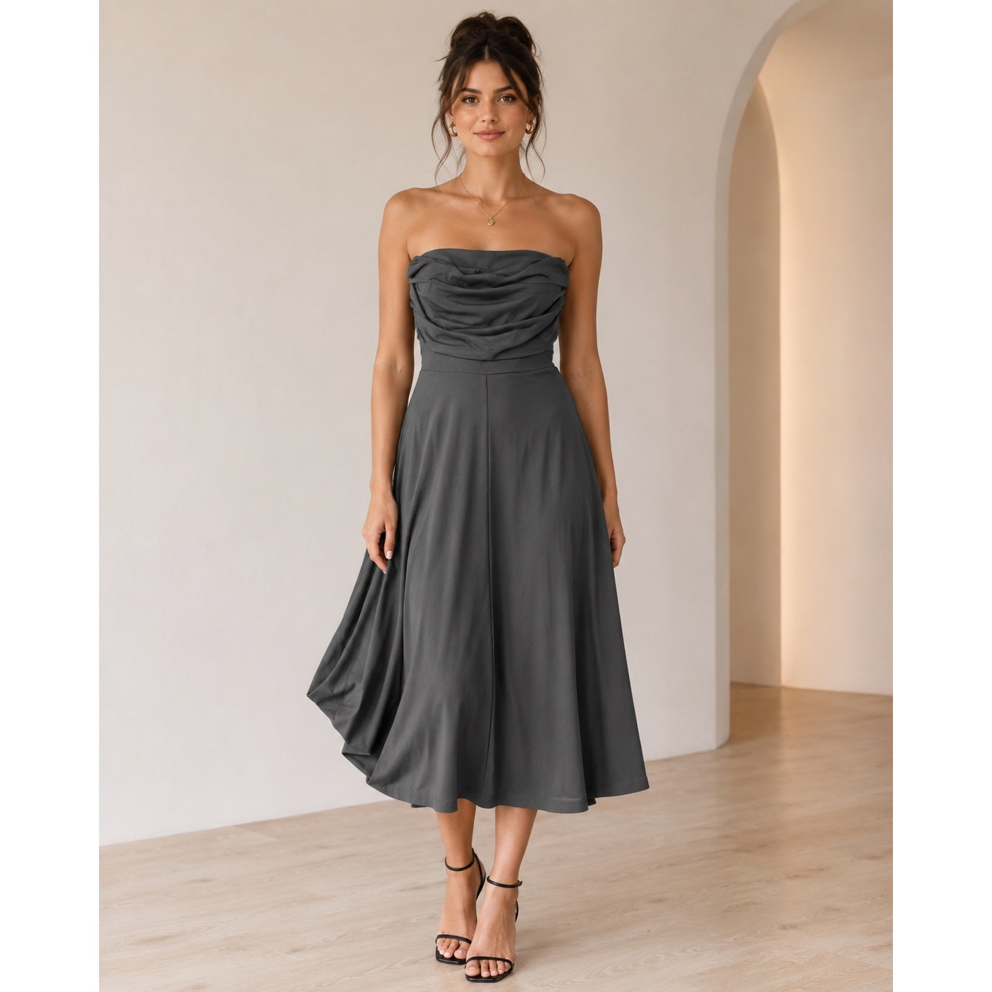 118 | Charcoal Strapless Ruched Midi Dress | Size XL