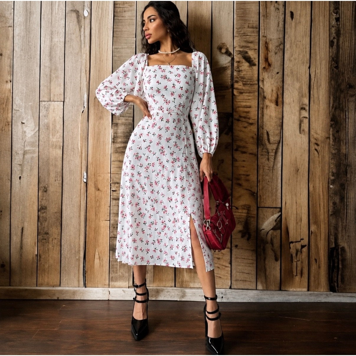 097 | Floral Square-Neck Puff Sleeve Midi Dress | Size M