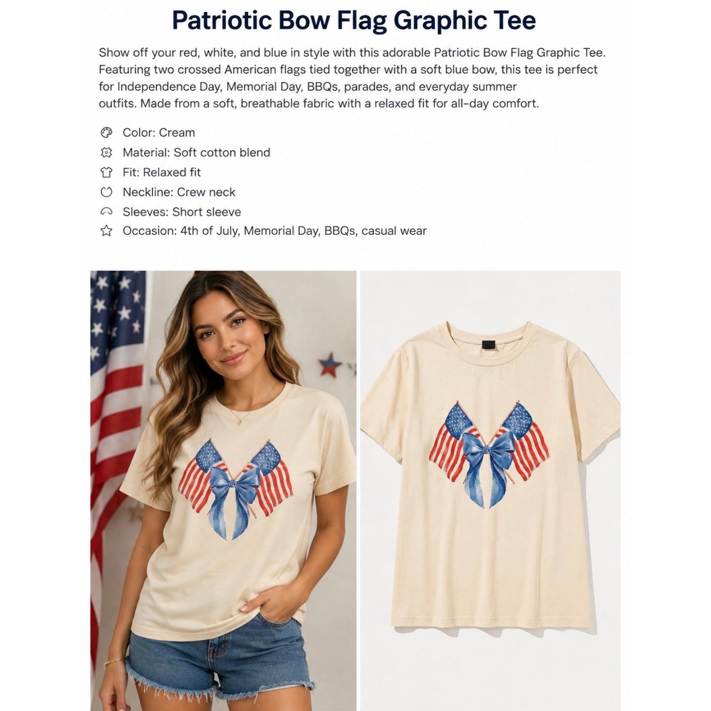 100 |  Patriotic Bow American Flag Graphic Tee | Size XL