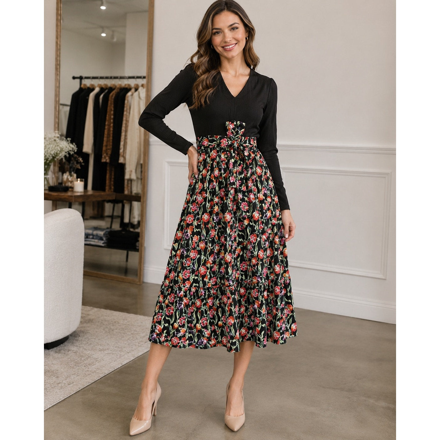 090 | Floral Print Belted Midi Dress | Size S