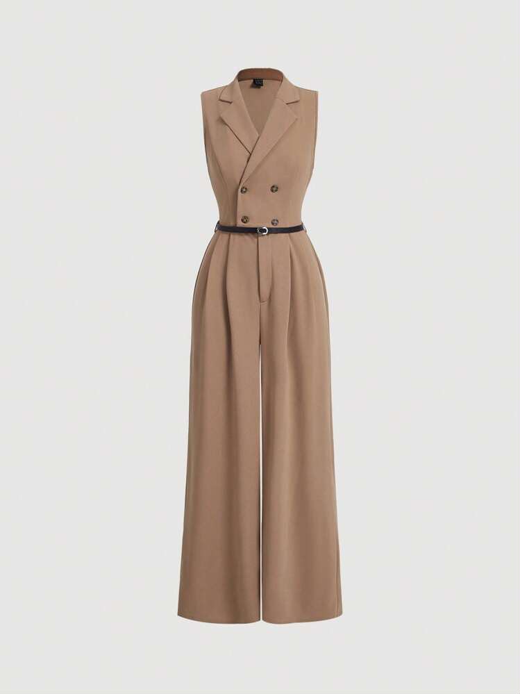 033 | Camel Sleeveless Belted Wide Leg Jumpsuit | Fits Like 1XL (Tagged 3XL)
