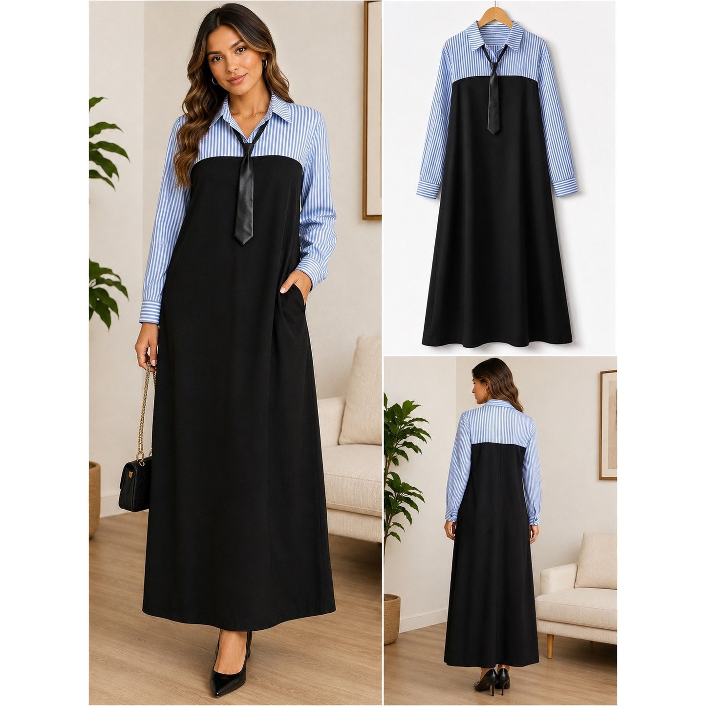 103 | Striped Shirt Overlay Maxi Dress with Mini Tie