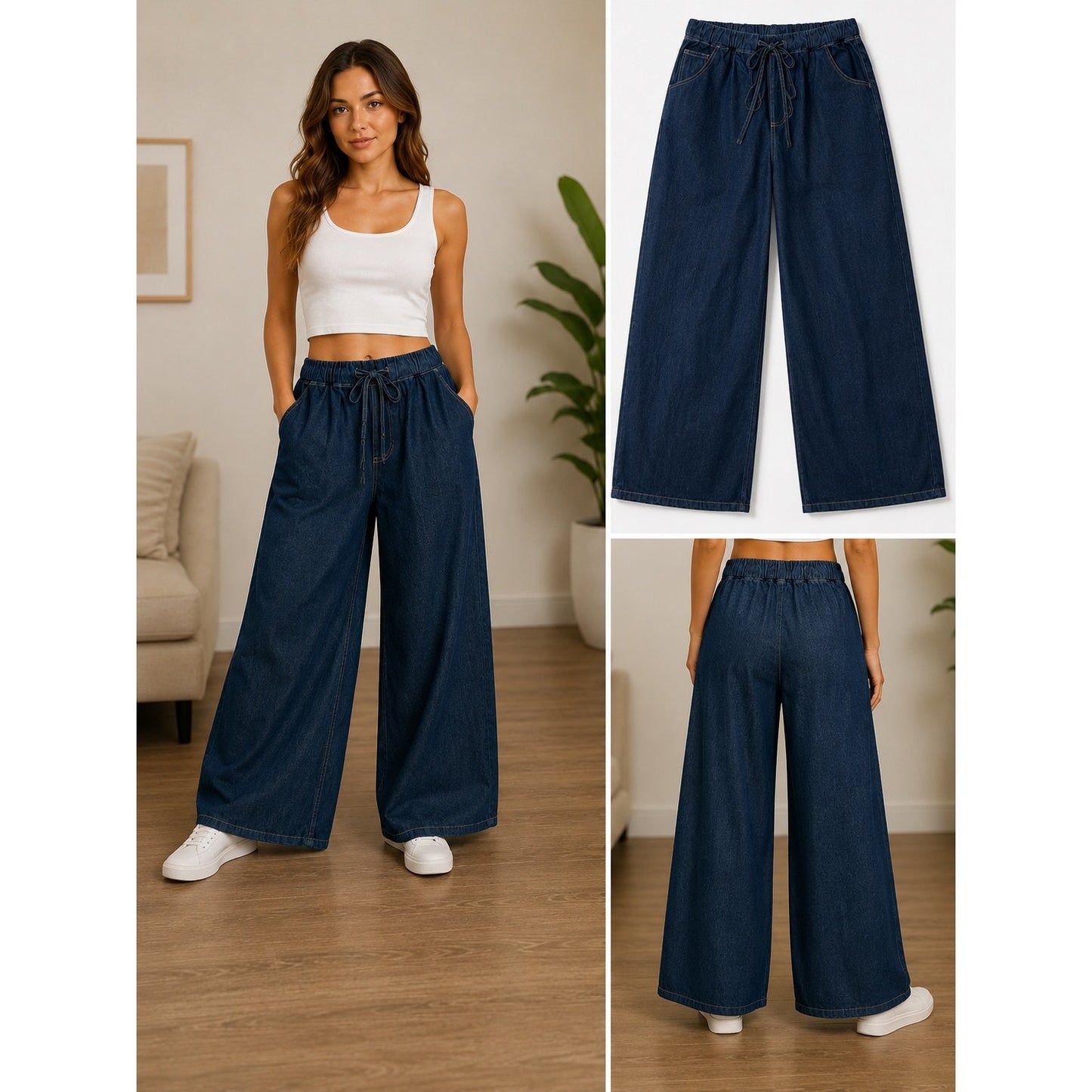 108 |  Dark Wash Wide Leg Drawstring Denim Pants