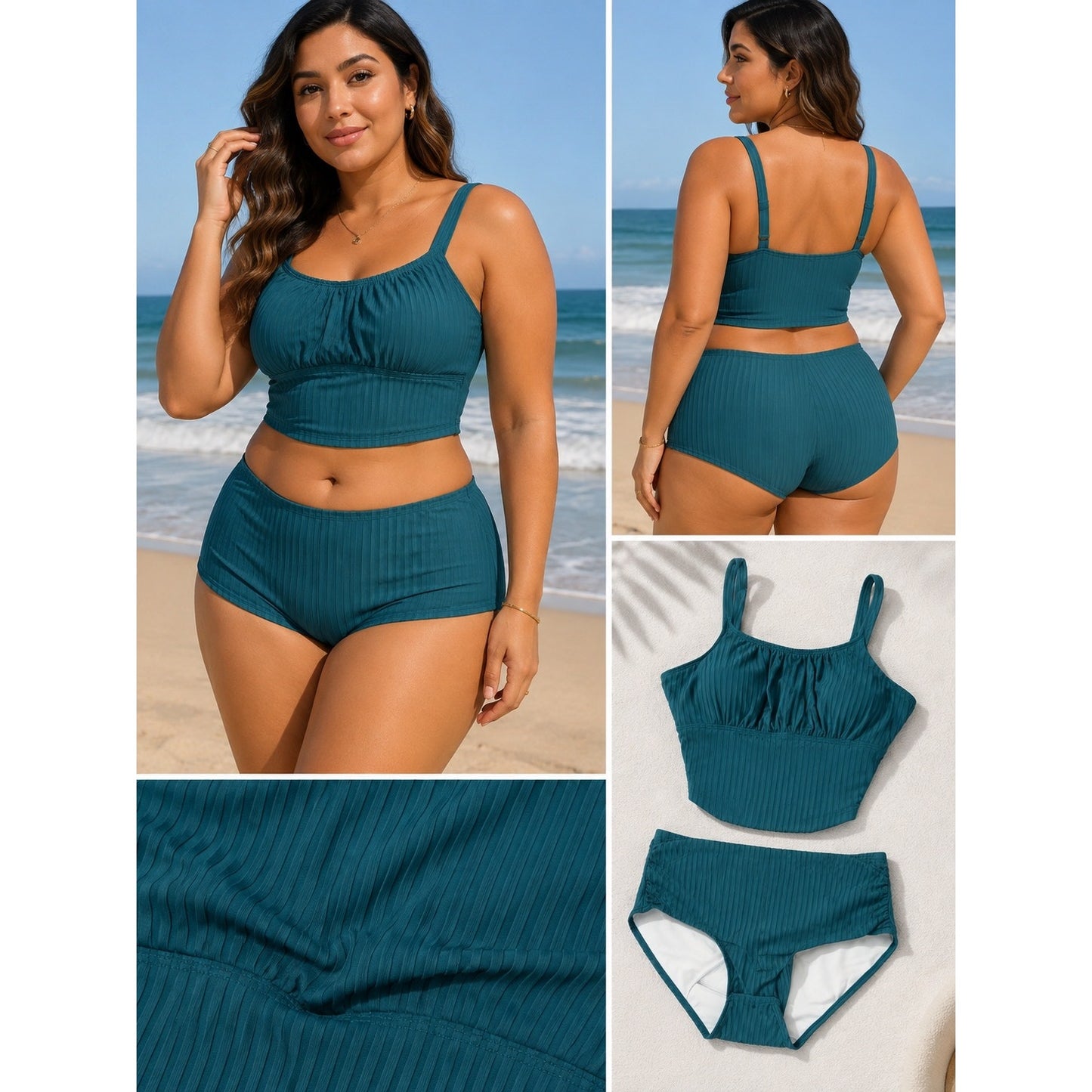 075 | Textured Ribbed High-Waist Two-Piece Bikini Set – Teal | Size 2XL