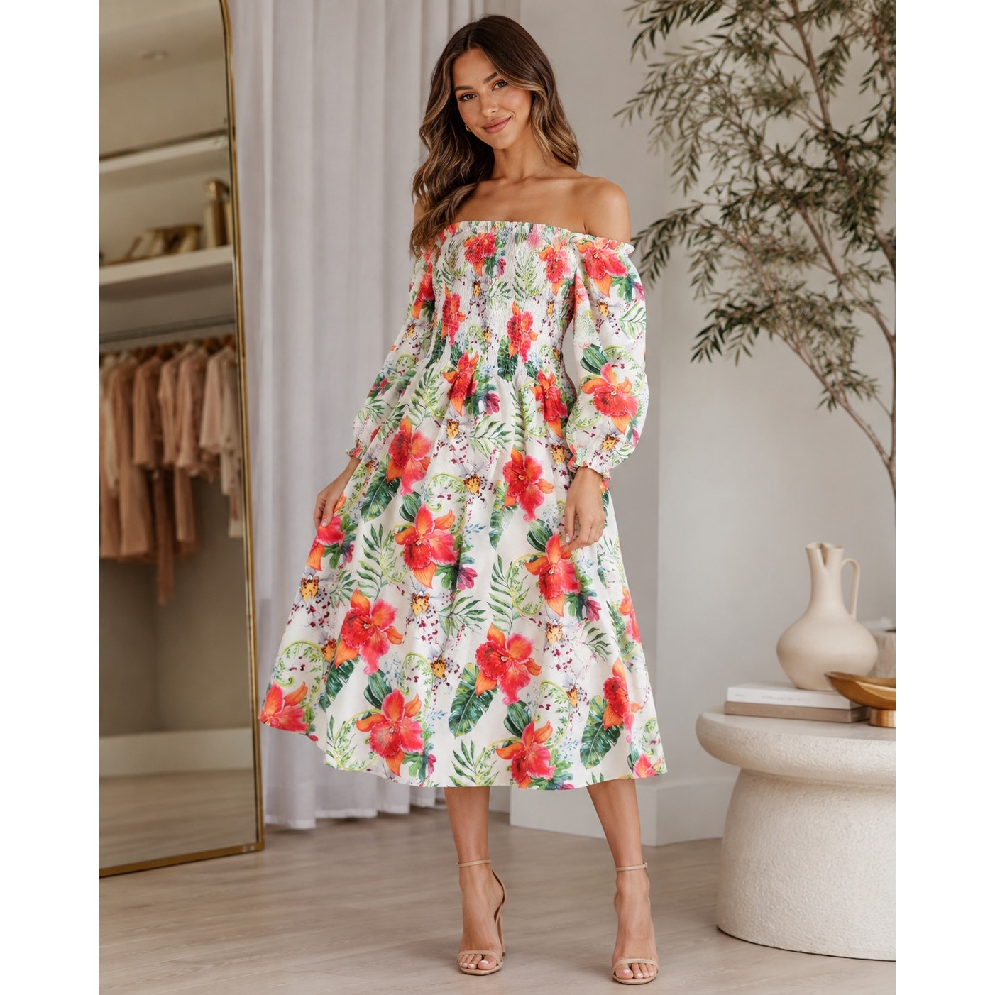 095 | Tropical Floral Smocked Midi Dress | Size S