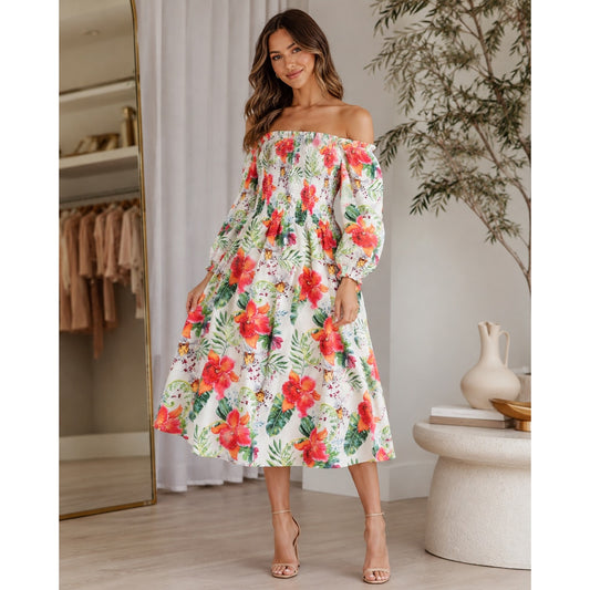 095 | Tropical Floral Smocked Midi Dress | Size S