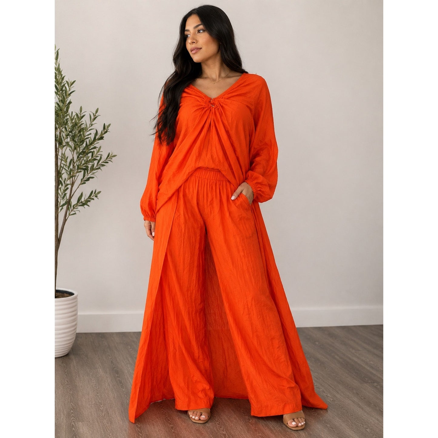 084 | Sunset Orange 3-Piece Flowy Pants Set | Size 4XL
