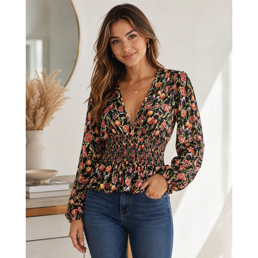 088 | Floral Smocked Waist Peplum Blouse | Size M