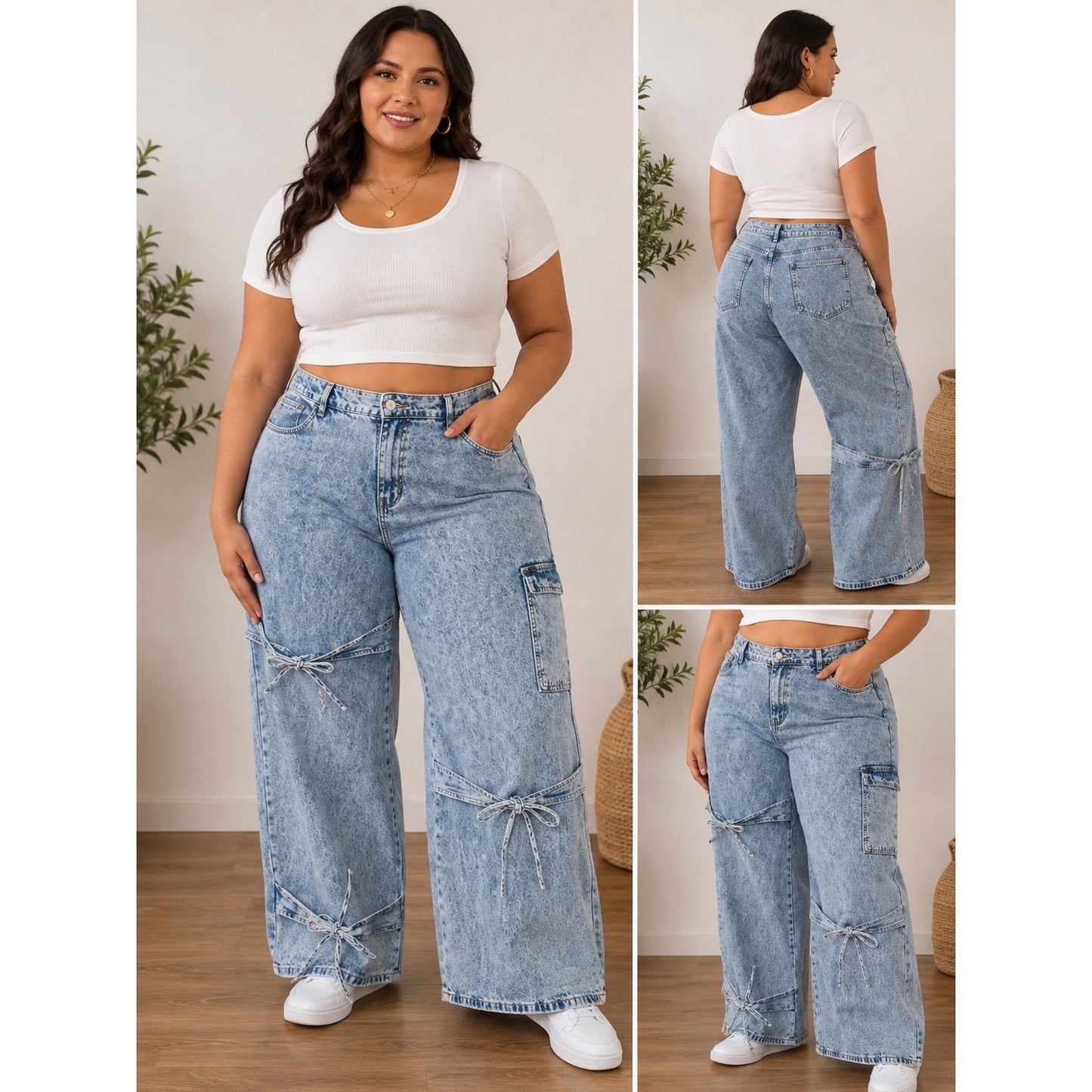 063 | Women’s Acid Wash Wide Leg Cargo Jeans with Tie | Size 3XL