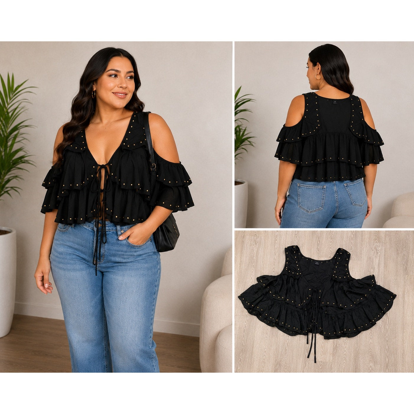 073 | Midnight Ruffle Studded Cold Shoulder Top | Size XL