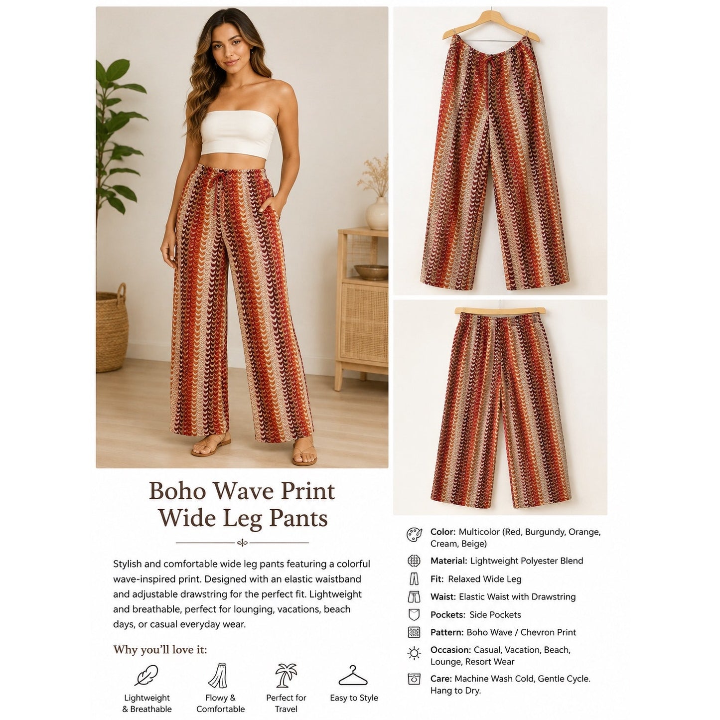 107 | Boho Wave Print Wide Leg Pants